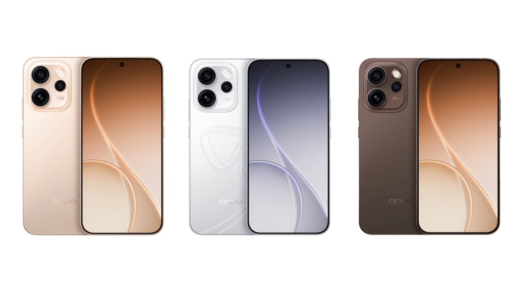Three Oppo Reno 15 Pro smartphones displayed side by side in different color variants—Honey Gold, Starlight Bow, and Canele Brown—showcasing their sleek front AMOLED screens and distinctive triple camera modules on the back.