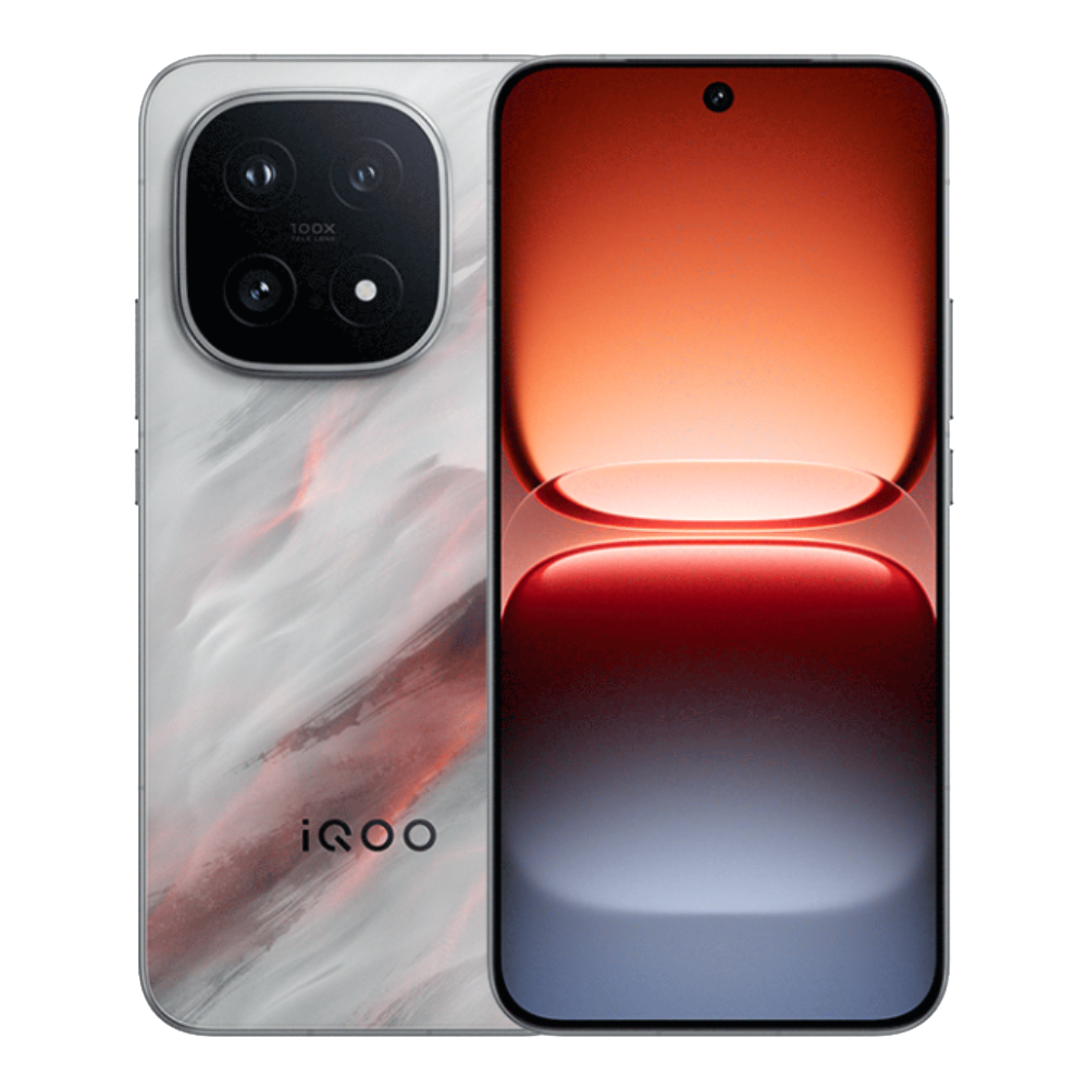 iQOO 15 smartphone shown from both front and back, featuring a large edge-to-edge display with a centered punch-hole camera, and a marble-textured rear panel with a prominent square-shaped triple camera module.